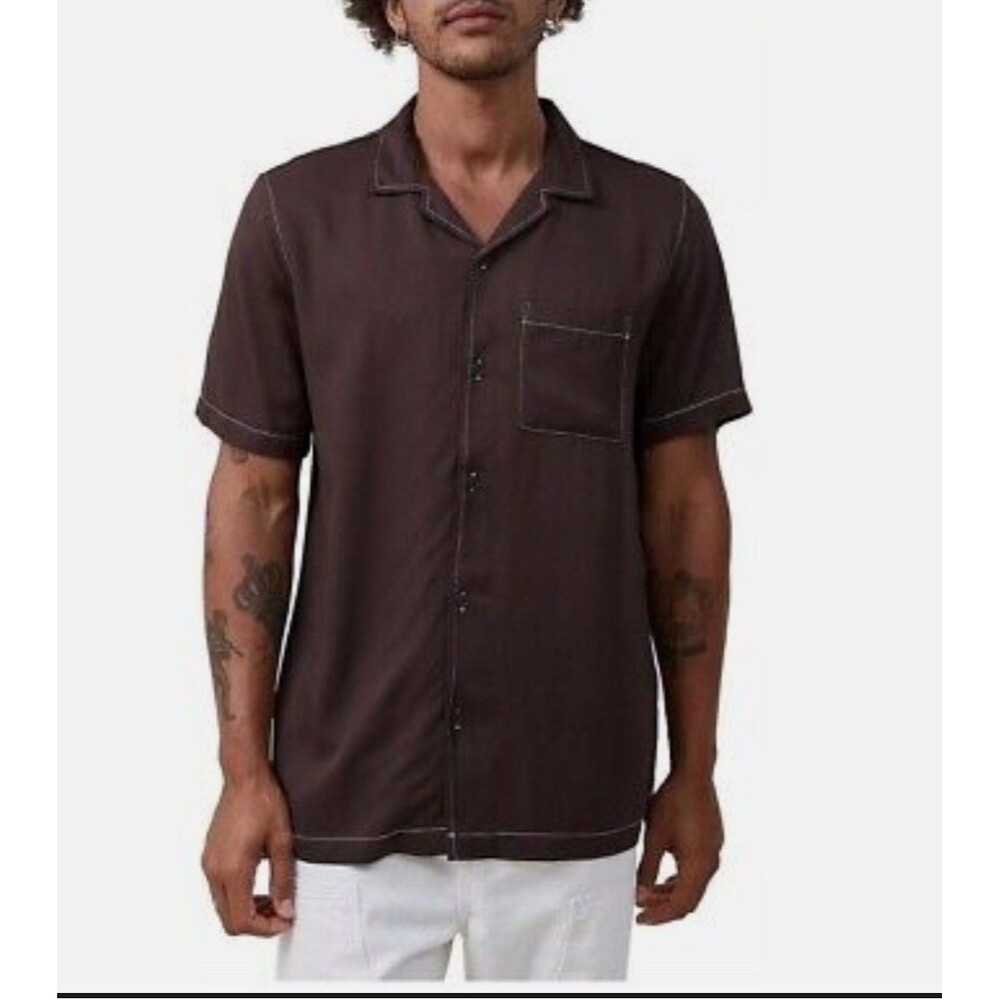 Cotton On Shirt Mens Large Brown Button Up Riviera Viscose Comfort Casual